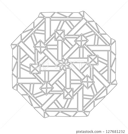 Contour mandala ornament for coloring and scrapbooking. Symmetrical pattern in Tantric yoga of Buddhism and Hinduism. A design element for the development of a color composition Contour mandala ornament for coloring and scrapbooking. Symmetrical pattern in Tantric yoga of Buddhism and Hinduism. A design element for the development of a color composition 127681232