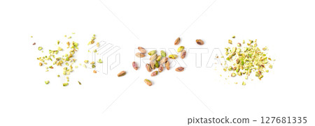 Fried salt pistachio nuts isolated. Baked pistachios pile, roasted green pistache fruits on white Fried salt pistachio nuts isolated. Baked pistachios pile, roasted green pistache fruits on white 127681335