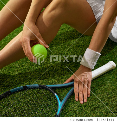Tennis player holding green ball with racket on green grass court during summer game session 127681354