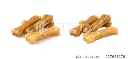 Rawhide bones, collagen dog chew food, pressed dry kibble, natural long-lasting canine treats 127681376