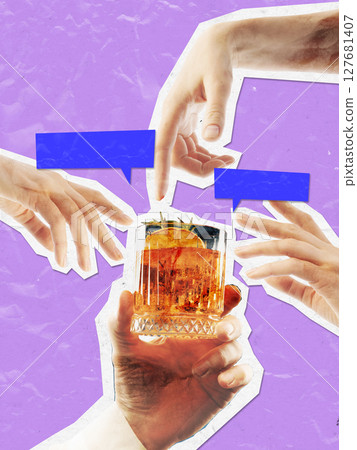 Colorful paper cut collage featuring hands reaching for cocktail against purple background. Colorful paper cut collage featuring hands reaching for cocktail against purple background. 127681407