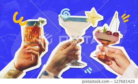 Three cocktails in hands against colorful paper cut collage background for bar promotions 127681420