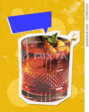 Colorful paper collage whiskey cocktail on vibrant background with blue speech bubble for text Colorful paper collage whiskey cocktail on vibrant background with blue speech bubble for text 127681428