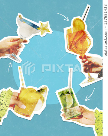 Colorful paper cut cocktails on blue background for creative event promotions Colorful paper cut cocktails on blue background for creative event promotions 127681438