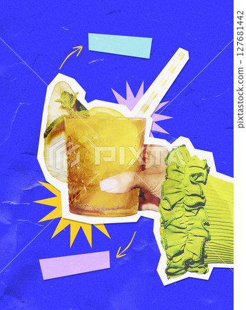 Colorful paper cut cocktail collage with tropical beverage for menu design and social media Colorful paper cut cocktail collage with tropical beverage for menu design and social media 127681442
