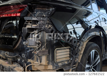 Rear view of a vehicle highlighting the blend of technology and design elements Rear view of a vehicle highlighting the blend of technology and design elements 127681522