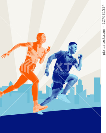Run for change. Man and woman running together in sunrise city background marathon scene Run for change. Man and woman running together in sunrise city background marathon scene 127681534