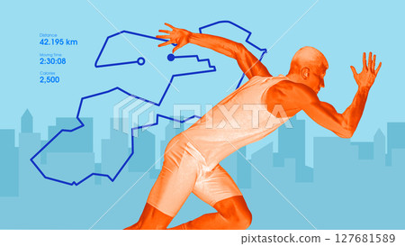 Run the city, rule the self. Athlete in motion with marathon route and performance stats background 127681589