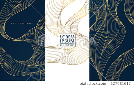 Vector set of abstract wave golden luxury pattern. Line elegant premium posters, wine label, curve menu graphic, silk banners. Water, ocean brochures, package templates. Vector set of abstract wave golden luxury pattern. Line elegant premium posters, wine label, curve menu graphic, silk banners. Water, ocean brochures, package templates. 127681612