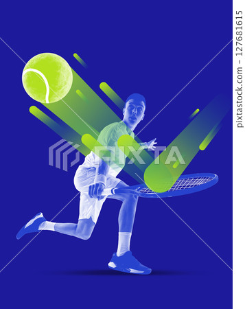 Impact of ideas. Dynamic abstract tennis player hitting green tennis ball on vibrant blue background 127681615