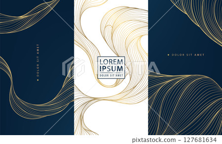 Vector set of abstract wave golden luxury pattern. Line elegant premium posters, wine label, curve menu graphic, silk banners. Water, ocean brochures, package templates. 127681634