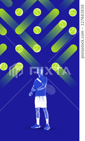 Tennis player and tennis balls in modern abstract blue and green sports-themed illustration 127681638