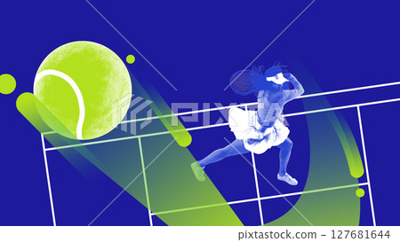 Tennis player in dynamic motion on abstract court with oversized ball and vibrant colors 127681644