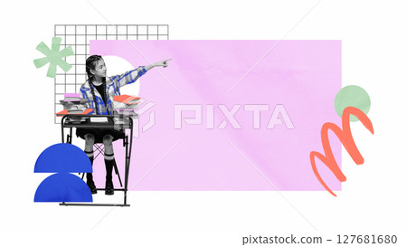 Schoolgirl at desk pointing forward with colorful educational and colorful elements around 127681680