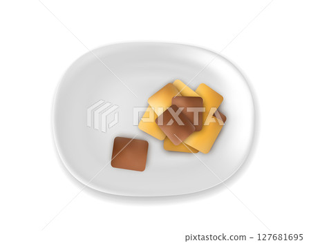 Filled dog biscuits icons, crackers symbols, soft crunchy pet treats, flavored small canine cookie 127681695