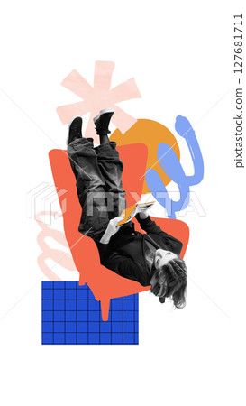 Student relaxing upside down in chair while reading during study break. Back to school posters Student relaxing upside down in chair while reading during study break. Back to school posters 127681711