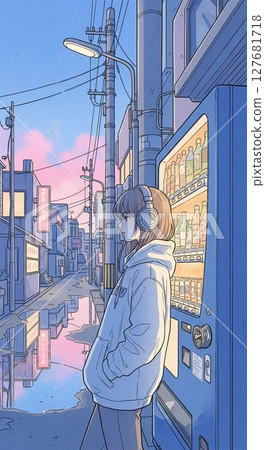 黃昏時分,小巷裡的藍色自動販賣機和一位沉浸在音樂中的女人 黃昏時分,小巷裡的藍色自動販賣機和一位沉浸在音樂中的女人 127681718