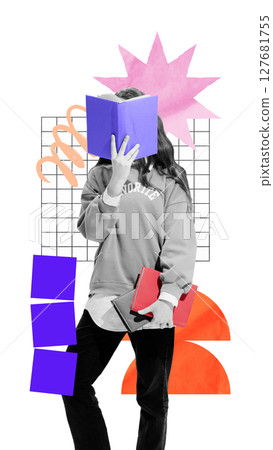 Student hiding face behind book, standing with more books in abstract background Student hiding face behind book, standing with more books in abstract background 127681755