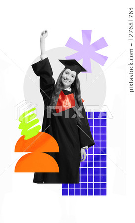 Happy graduate raising arm in joy in bold paper celebration. Youth education 127681763