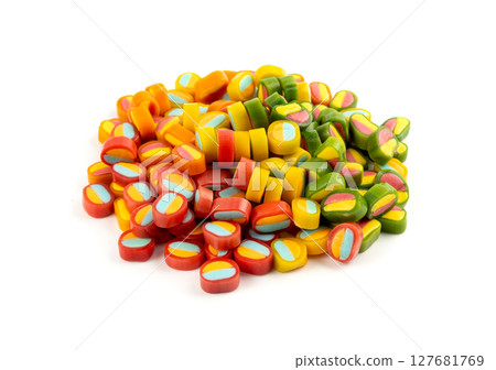Round gummy candy piles set isolated. Small chewing colorful jellybeans, marmalade cuts, pills Round gummy candy piles set isolated. Small chewing colorful jellybeans, marmalade cuts, pills 127681769