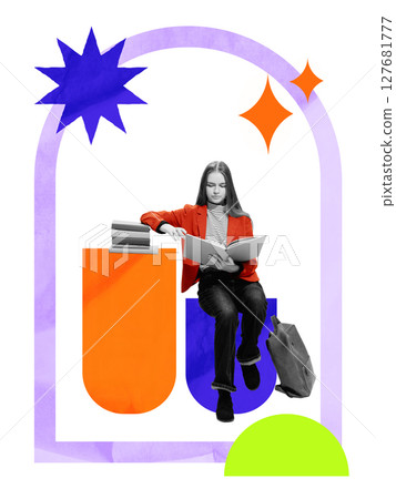 Young student reading book in modern collage style. Educational advertising Young student reading book in modern collage style. Educational advertising 127681777