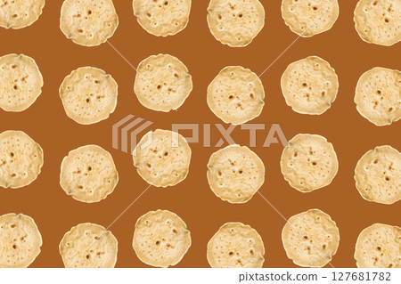 Plain Wheaten Flat Bread Pattern on Brown Background Flat Lay. Fresh Homemade Flatbread Plain Wheaten Flat Bread Pattern on Brown Background Flat Lay. Fresh Homemade Flatbread 127681782