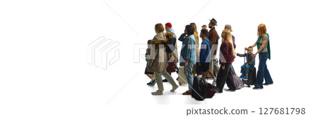 Diverse group carrying belongings symbolizing migration, human rights struggle during economic crisis Diverse group carrying belongings symbolizing migration, human rights struggle during economic crisis 127681798