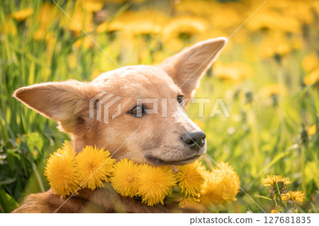 A lovely red puppy among yellow dandelions and luscious green grass. Dog with big ears 127681835