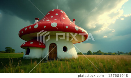 A large mushroom-shaped house with bright red and white polka dots stands in a lush green field, contrasting against dark, swirling storm clouds in the sky above. A large mushroom-shaped house with bright red and white polka dots stands in a lush green field, contrasting against dark, swirling storm clouds in the sky above. 127681948