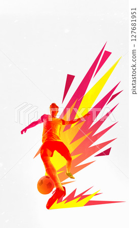 Bold action graphics. Football player in motion jumping with intense red and yellow abstract effect 127681951