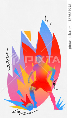 Young male football player with ball and flame-like pop art explosion behind. Athletic visuals Young male football player with ball and flame-like pop art explosion behind. Athletic visuals 127681958
