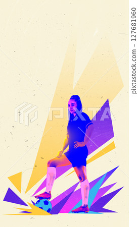 Female footballer posing confidently on abstract colorful background. Event poster design Female footballer posing confidently on abstract colorful background. Event poster design 127681960