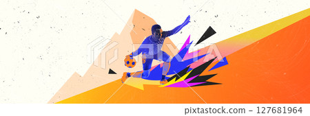 Bold banners, posters, flyers. Soccer goalkeeper in motion with abstract background design 127681964
