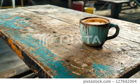 Used Coffee Mug with Splash Marks on Rustic Table in Soft Ambient Lighting 127682004