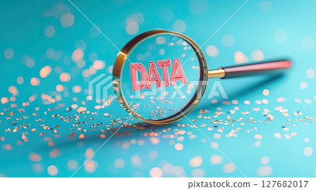 Concept of data search and analysis with magnifier and scattered dots on blue surface 127682017