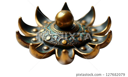 This Tibetan ritual dorje is intricately designed with brass and silver inlay. The stylized lotus prongs symbolize purity and enlightenment, essential for ceremonial use in Tibetan Buddhism. 127682079