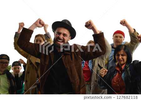 Diverse group protesting passionately with raised fists symbolizing struggle for human rights 127682118