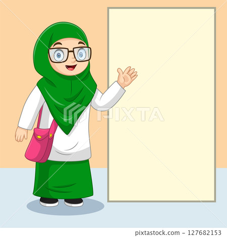 Cartoon little girl student showing on blank space 127682153