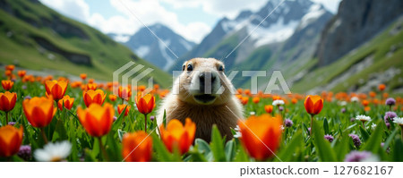 A colorful alpine meadow bursts with vibrant flowers under the watchful gaze of a curious marmot. Snow-capped peaks rise majestically in the background, creating a stunning natural landscape. A colorful alpine meadow bursts with vibrant flowers under the watchful gaze of a curious marmot. Snow-capped peaks rise majestically in the background, creating a stunning natural landscape. 127682167