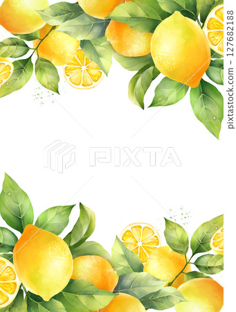 Decorative background with hand drawn lemons and leaves. Summer lemon illustration wreath for text. 127682188