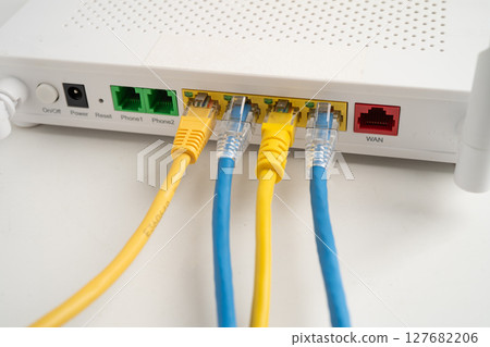 Ethernet cable with wireless router connect to internet service provider network. 127682206