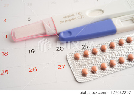 Pregnancy test for female of ovulation day, fetus, maternity, childbirth, birth control. 127682207