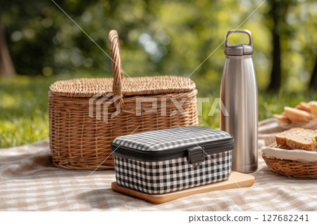 Outdoor picnic setup with checkered lunchbox, thermos and wicker basket 127682241