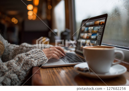 Woman editing travel photos on laptop with coffee in train Woman editing travel photos on laptop with coffee in train 127682256