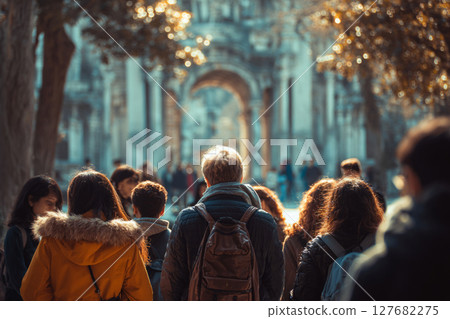 Group of students walking toward historical monument 127682275
