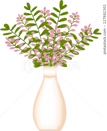 Beautiful idea and style of pink flowers with green leaves in the creamy ceramic vase for decorate home or flower shop. Beautiful idea and style of pink flowers with green leaves in the creamy ceramic vase for decorate home or flower shop. 127682301