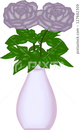 Beautiful idea and style of purple roses with the green leaves in the creamy ceramic vase for decorate home or flower shop. 127682309