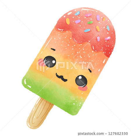 Cute Kawaii Rainbow popsicle with cute face Summer Dessert Illustration with Straw Watercolor Style for Kids Stickers Sublimation Greeting Cards and Digital Planners Cute Kawaii Rainbow popsicle with cute face Summer Dessert Illustration with Straw Watercolor Style for Kids Stickers Sublimation Greeting Cards and Digital Planners 127682330