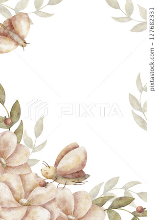 Frame watercolor pink flowers flying butterfly, motel green leaves, illustration peonies, roses hand drawn in children's style on isolated background. Template for holiday postcards posters, packaging 127682331