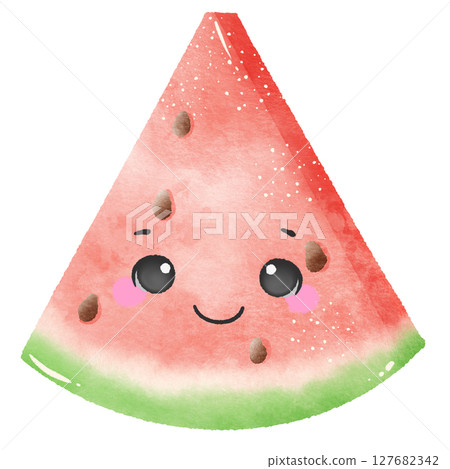 Cute Kawaii a refreshing slice of watermelon with cute face Summer Dessert Illustration with Straw Watercolor Style for Kids Stickers Sublimation Greeting Cards and Digital Planners 127682342